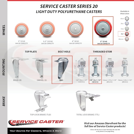 Service Caster 5 Inch Red Polyurethane Wheel Swivel 3/8 Inch Threaded Stem Caster SCC SCC-TS20S514-PPUB-RED-381615